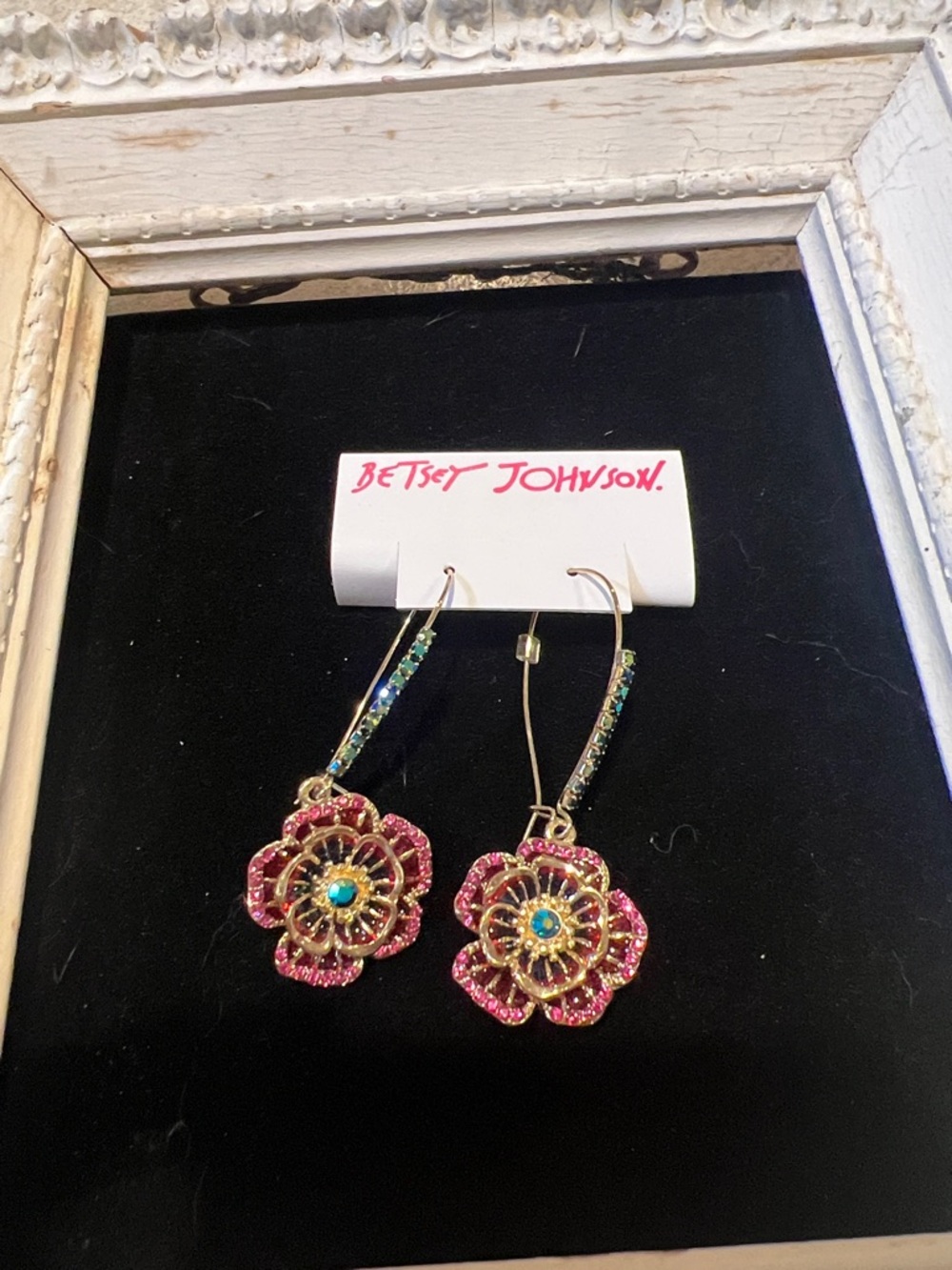 Betsey Johnson Gold Floral Drop Earrings with Pink and Turquoise Crystals